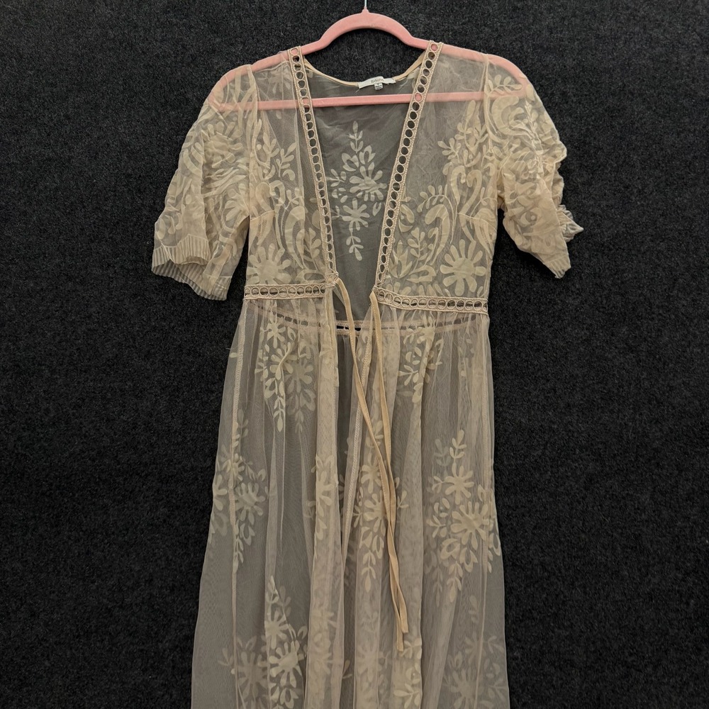 Blashe Cream Floral Lace Sheer Maxi Duster Cardigan Boho Tie Front Small